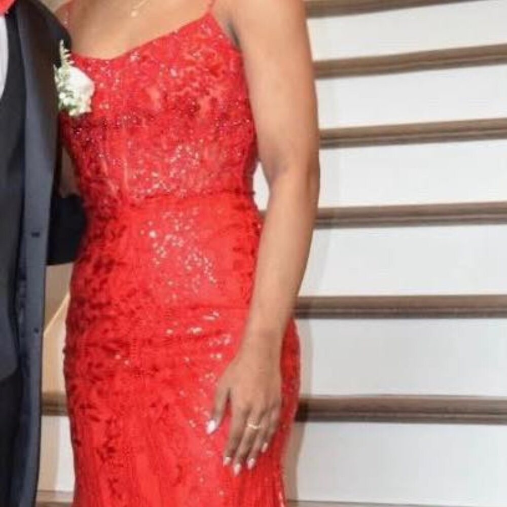 Red Sherri Hill Lace Prom Dress - Picture 2 of 8